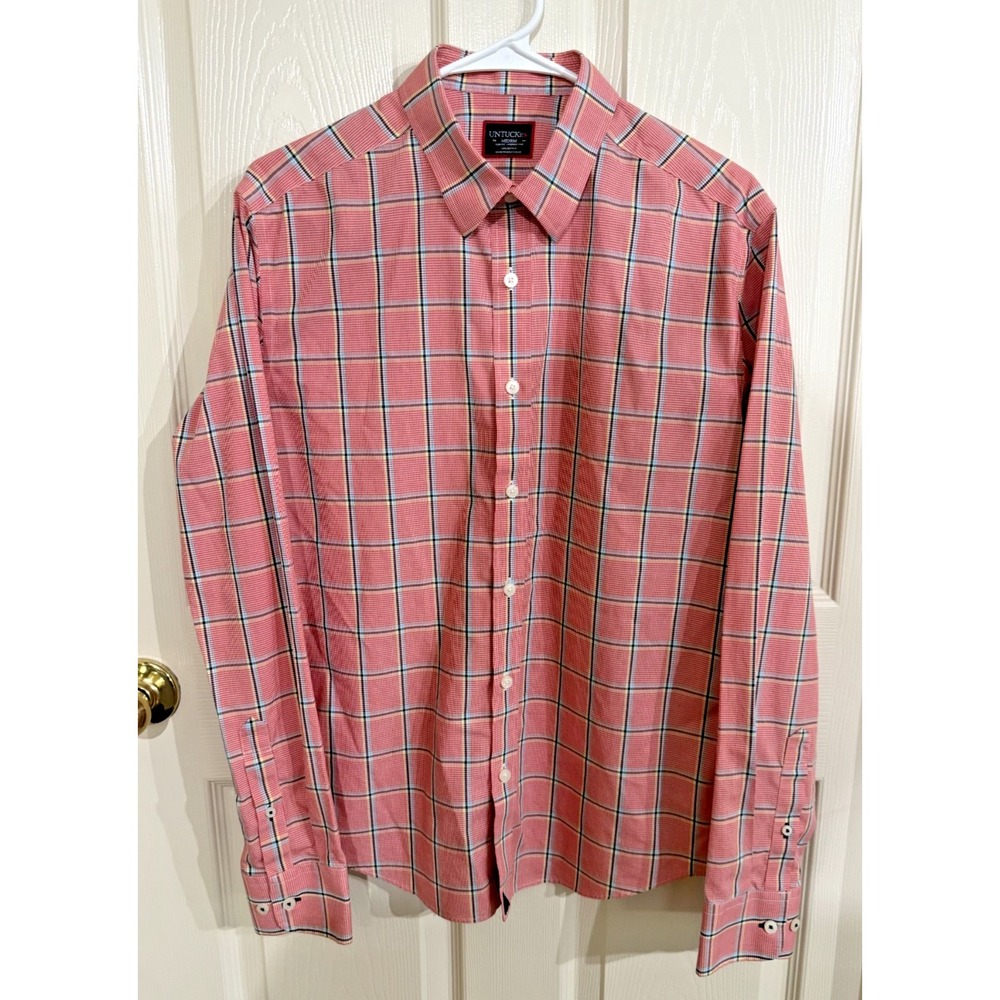 UNTUCKIt Men's Long Sleeve Plaid Button Down Slim Fit Shirt Red Blue Yellow 2022
